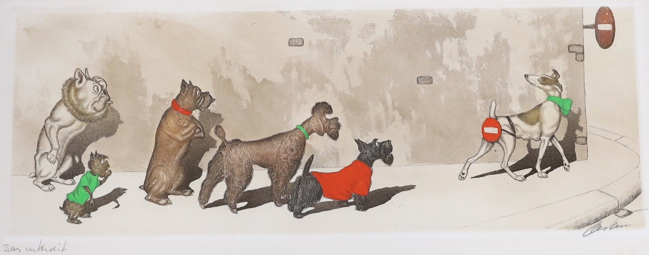 Boris O'Klein (1893-1985), coloured etching, 'Sans Interdit' (No Entry), signed in pencil, overall 19 x 46cm